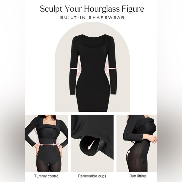 Popilush Long Sleeve Midi Dress Bodycon Shapewear Tummy Control Built-in Bra - Picture 4 of 8